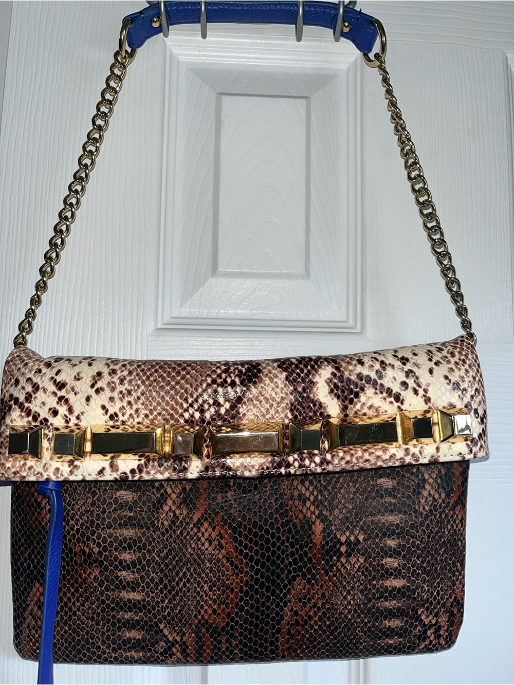 Vince Camuto Snake-Print Shoulder Bag with Gold Hardware - Brown, Cream & Blue
